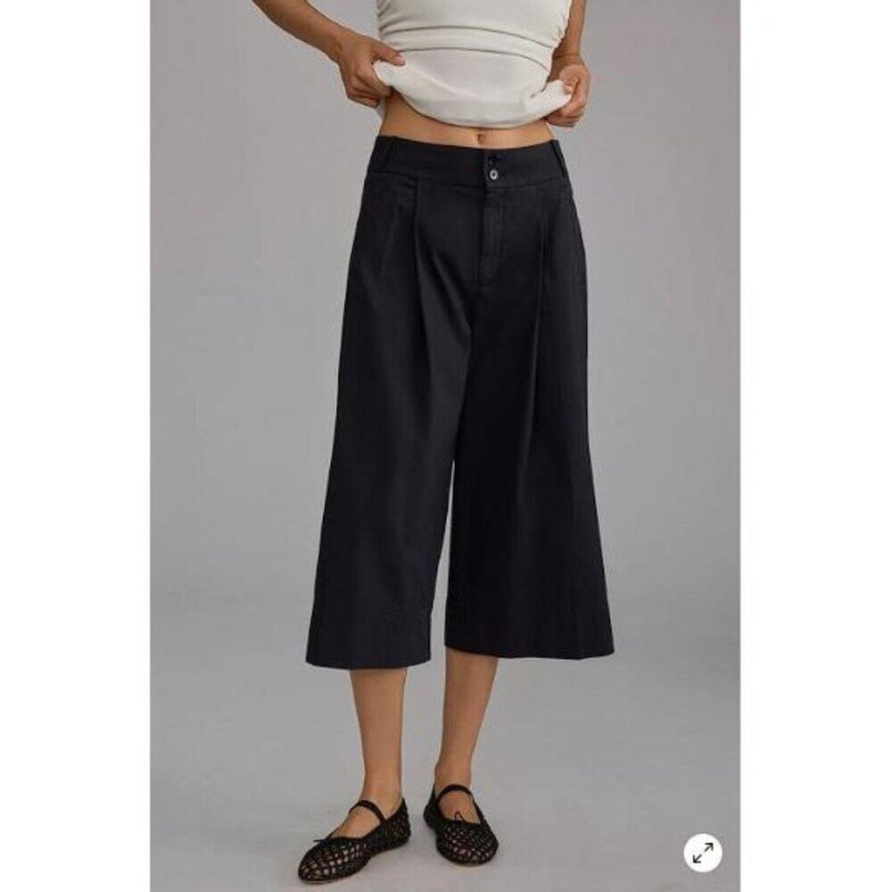 ANTHROPOLOGIE Women's Cropped Wide-Leg Trousers Size 0 In Black - Picture 1 of 16